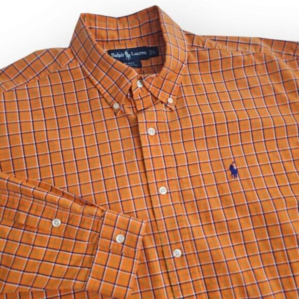 Ralph Lauren Blake 100% Cotton Orange Blue‎ Green Tattersall Check Button Down